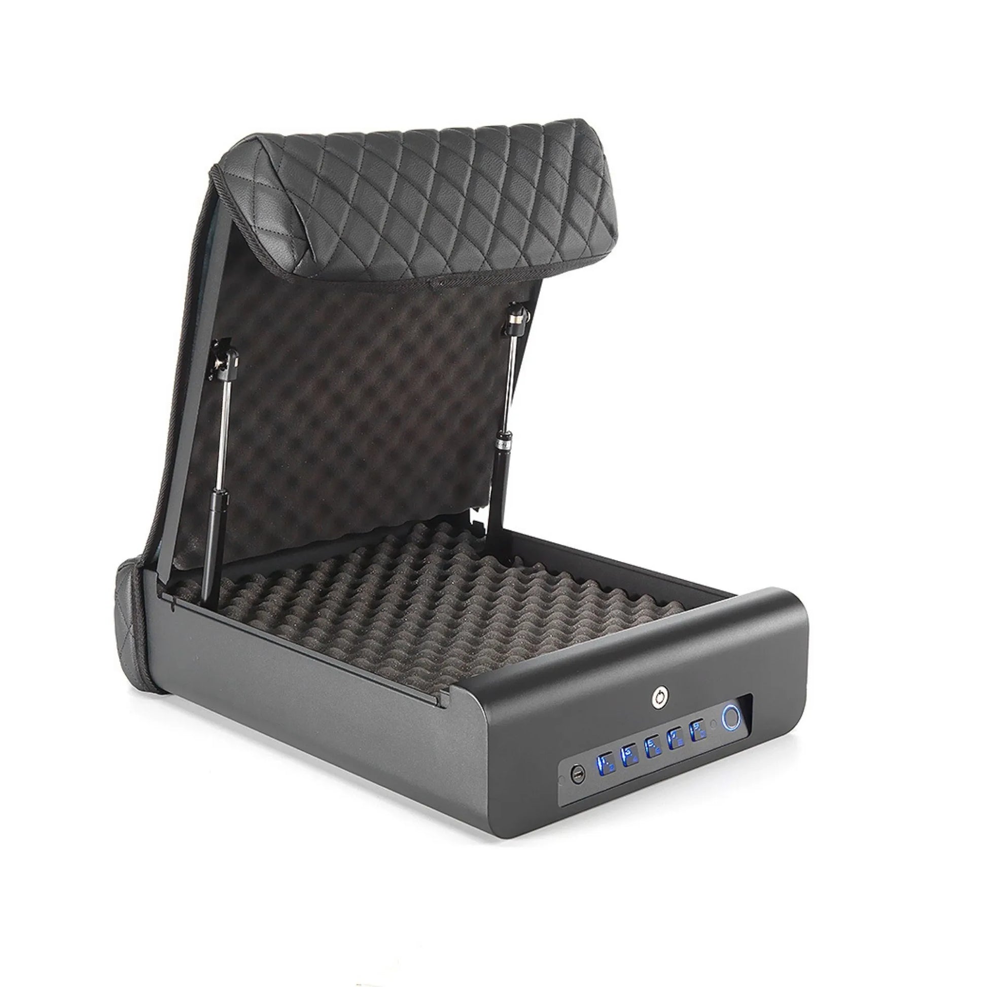 BoostedSafe Elite open with illuminated biometric keypad and padded foam-lined interior storage compartment.