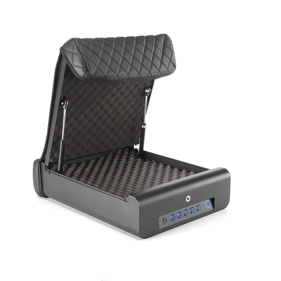 Studio view of open BoostedSafe Elite with empty egg-crate foam interior and illuminated keypad.