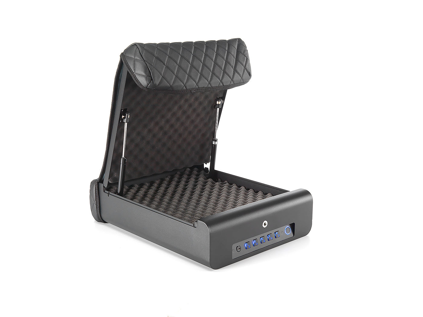 Studio view of open BoostedSafe Elite with empty egg-crate foam interior and illuminated keypad.