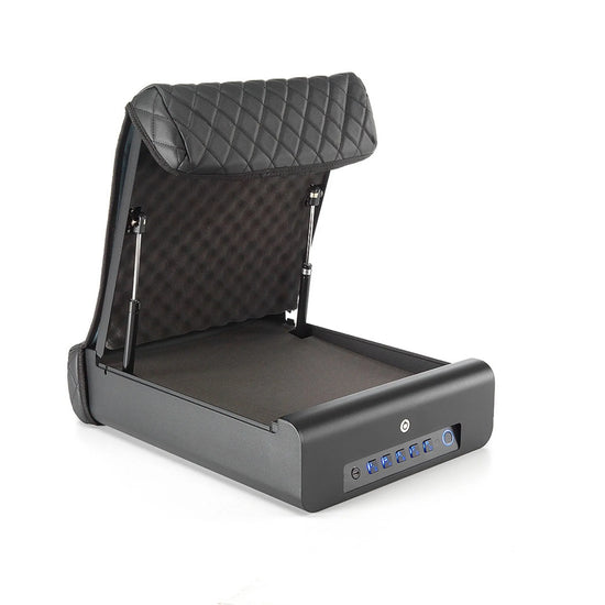 BoostedSafe Elite open with illuminated biometric keypad and empty foam-lined storage compartment.
