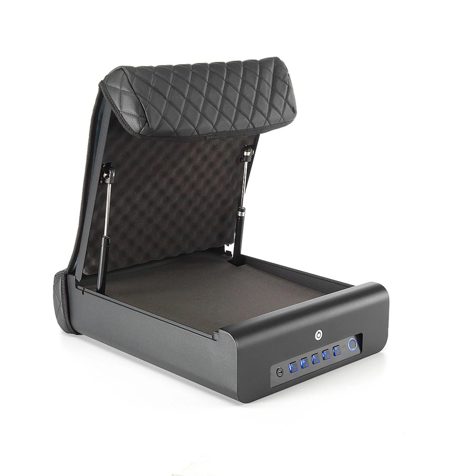 BoostedSafe Elite open with illuminated biometric keypad and empty foam-lined storage compartment.