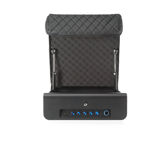 Front studio view of open BoostedSafe Elite with lit keypad, gas struts and padded cover.