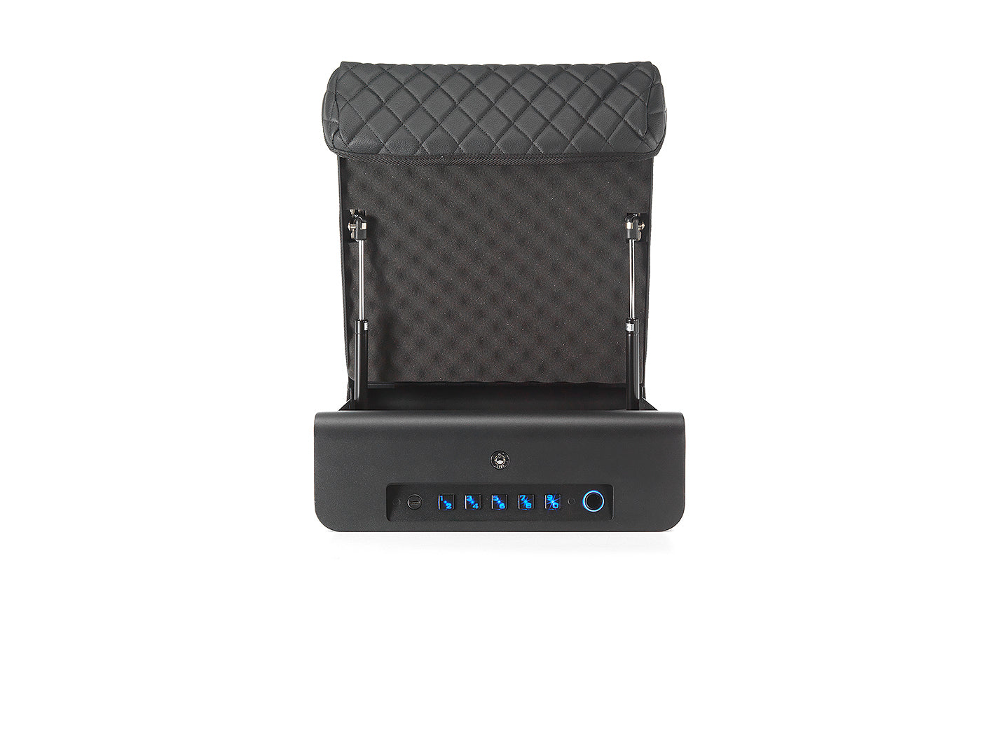 Front view of open BoostedSafe Elite with illuminated keypad, gas struts and padded lid.