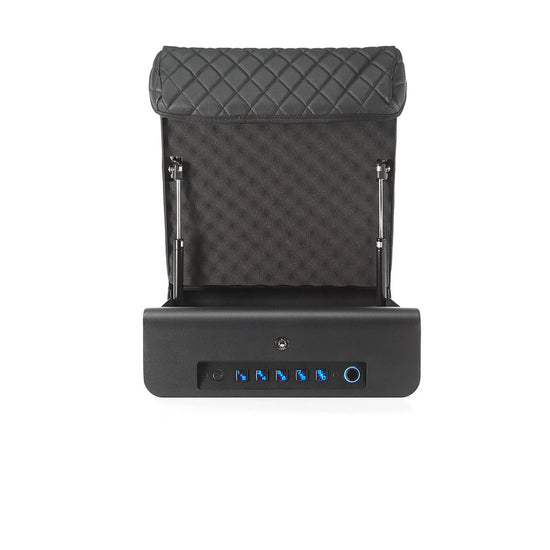 Front view of the BoostedSafe Elite open with illuminated biometric keypad, gas strut lid supports and padded interior lining.