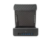 Front view of the BoostedSafe Elite open with illuminated biometric keypad, gas strut lid supports and padded interior lining.