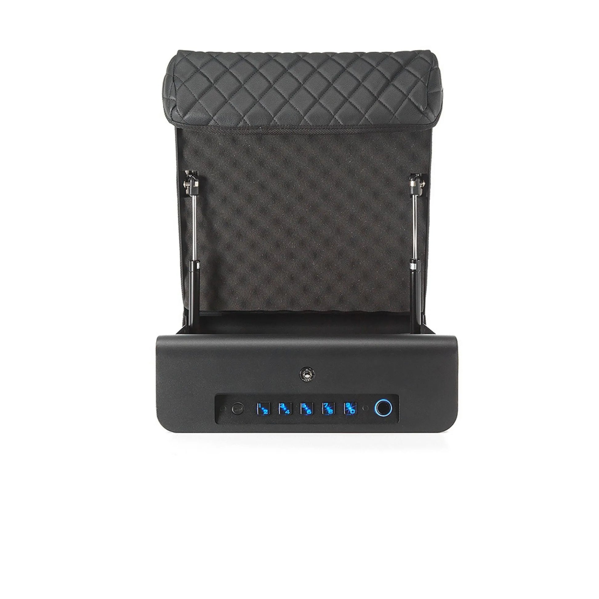 Front view of the BoostedSafe Elite open with illuminated biometric keypad, gas strut lid supports and padded interior lining.