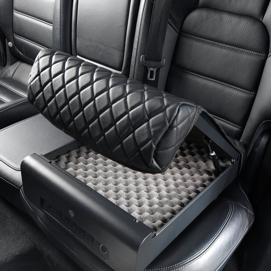 BoostedSafe Elite opening on a rear vehicle seat with interior foam padding visible.