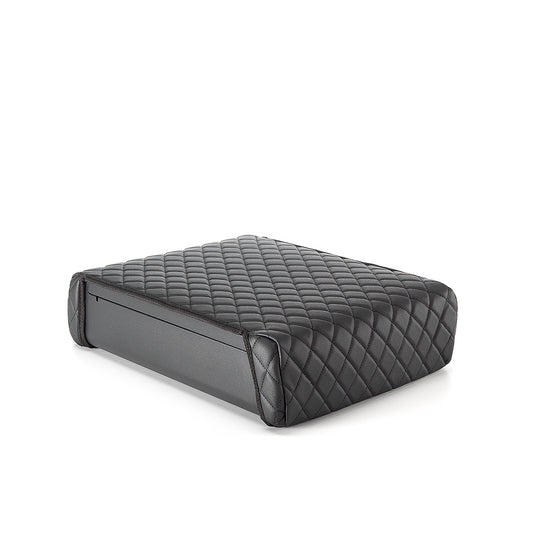 Studio view of BoostedSafe Elite closed with black quilted booster seat cover on top.