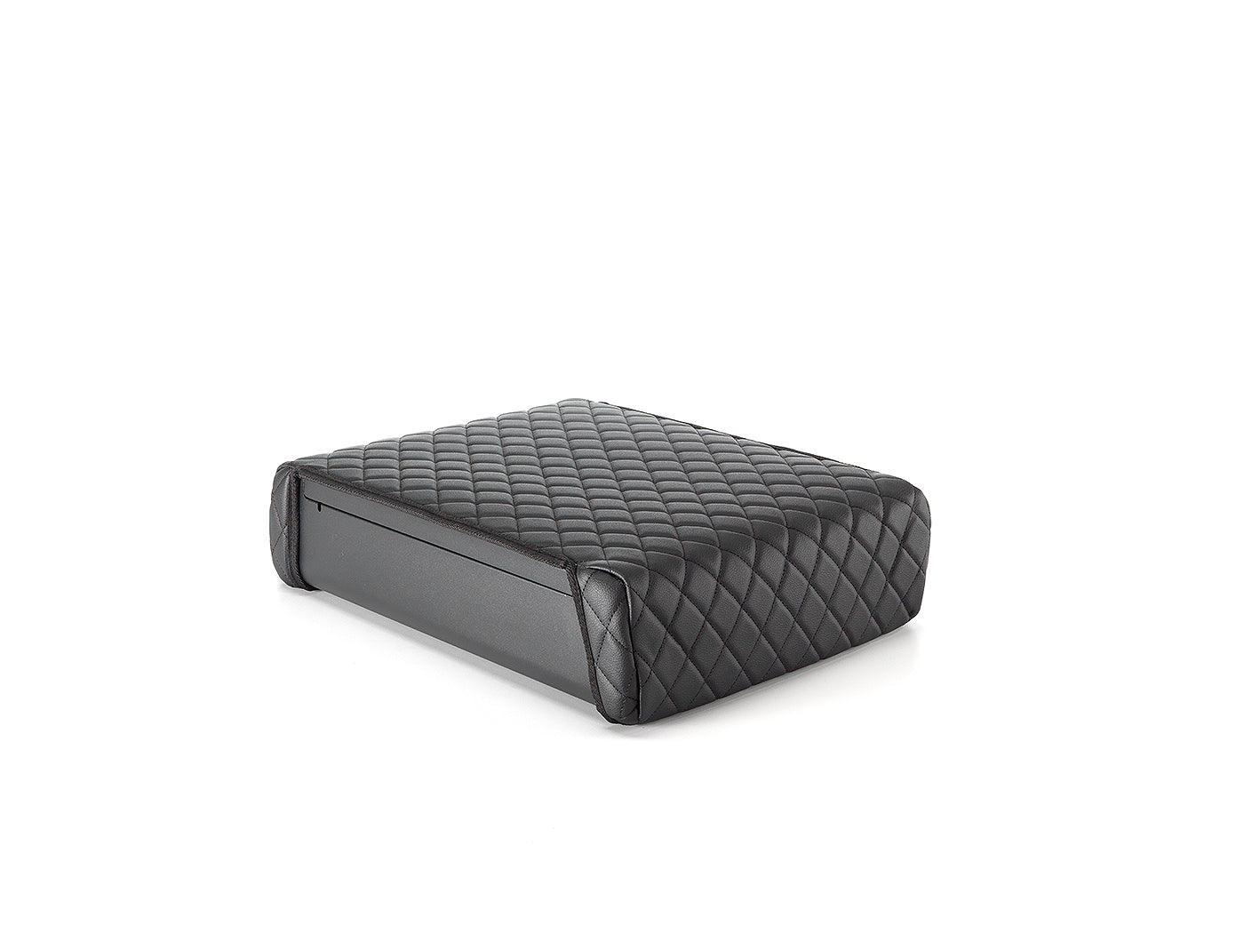 Studio view of BoostedSafe Elite closed with black quilted booster seat cover on top.
