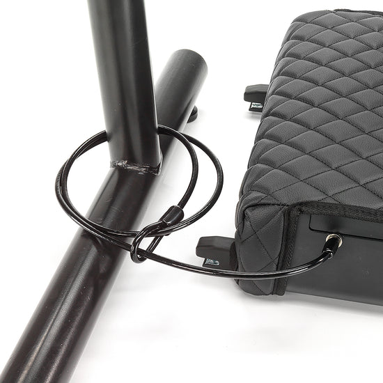 BoostedSafe Elite secured with cable lock around a metal post and side anchor point.