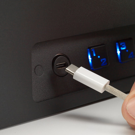 Close-up of BoostedSafe Elite USB-C jump port beside illuminated keypad buttons