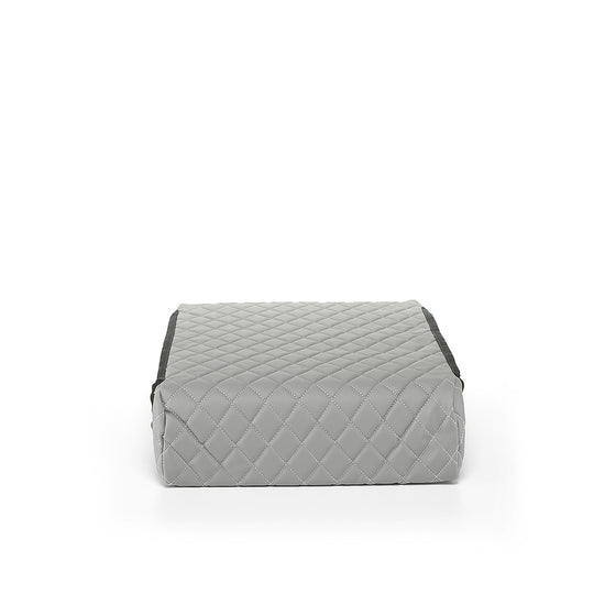 Gray quilted BoostedSafe booster seat disguise cover shown from the front.