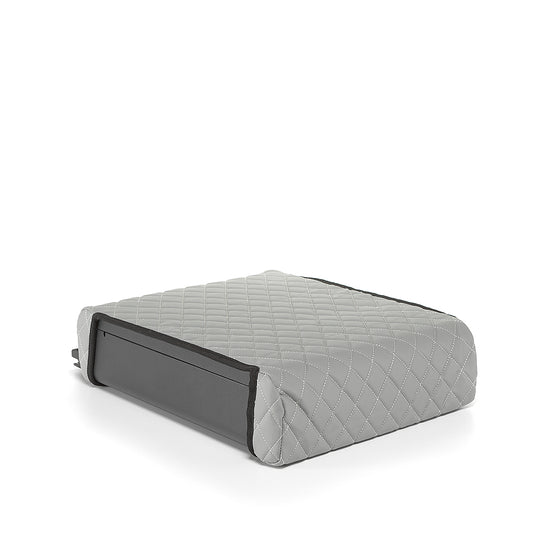 Gray quilted BoostedSafe special order cover shown on the safe from a rear side angle.