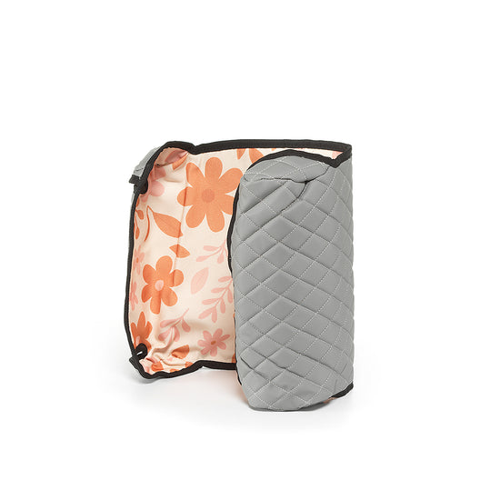 Gray BoostedSafe reversible cover standing upright with floral kid-friendly print visible inside