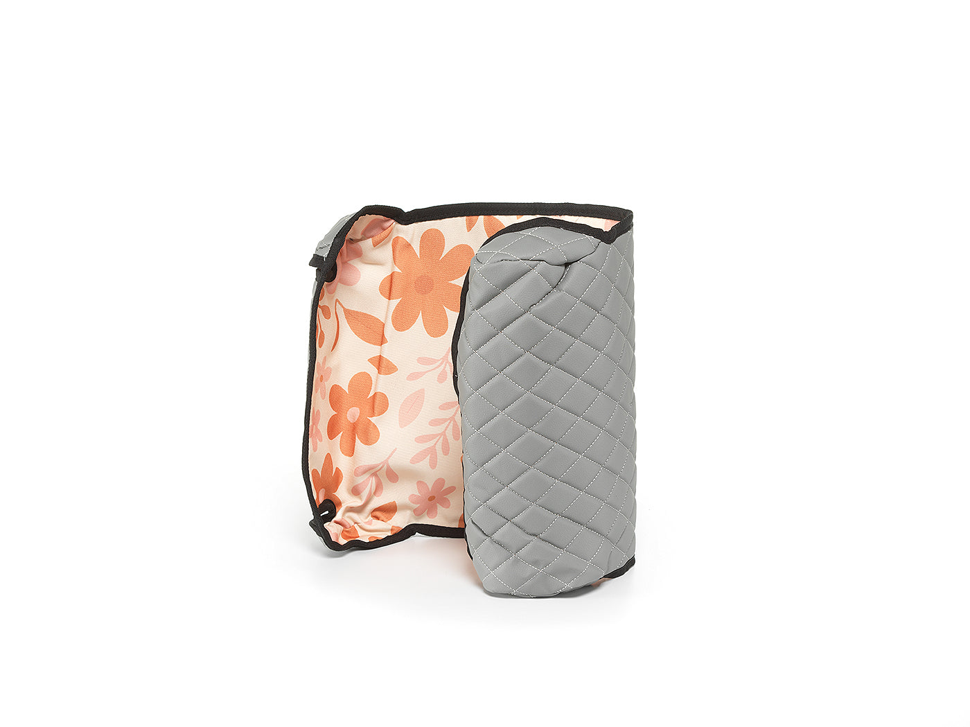 Gray BoostedSafe reversible cover standing upright with floral kid-friendly print visible inside