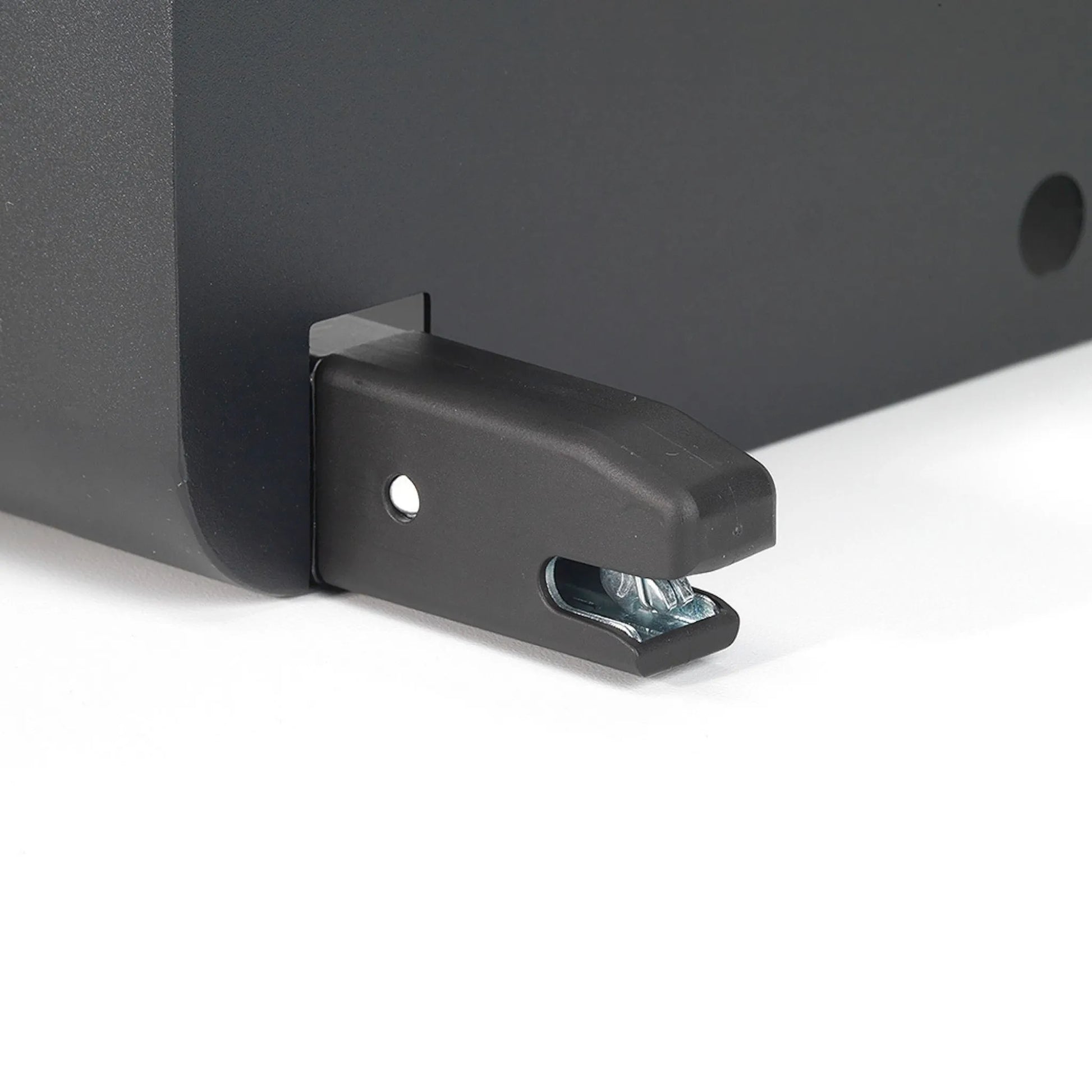 Close-up of the BoostedSafe Elite ISOFIX mounting connector for secure attachment to vehicle seat anchors.