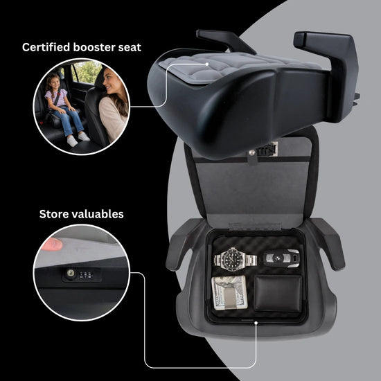 BoostedSafe Mini Basic shown as a certified booster seat and open hidden vehicle safe for storing everyday valuables