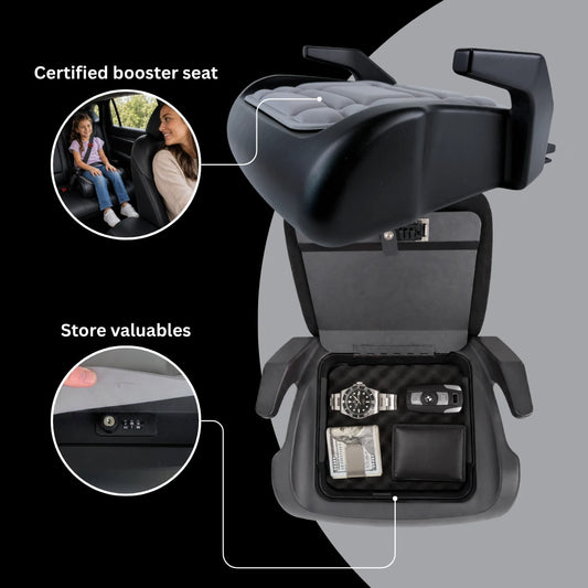 BoostedSafe Mini Basic shown as a certified booster seat and open hidden vehicle safe for storing everyday valuables