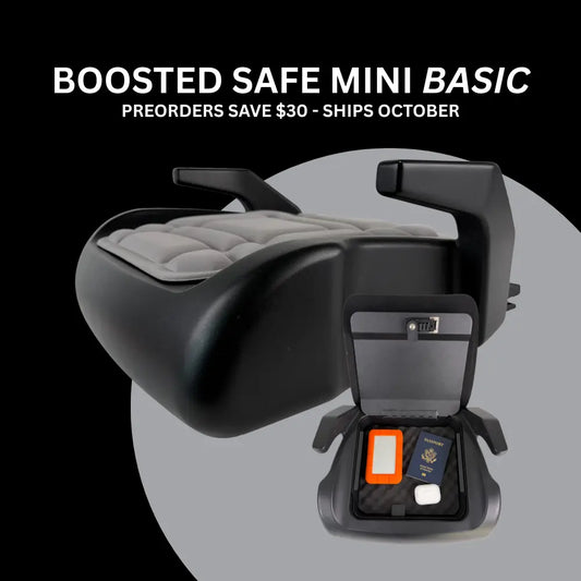 BoostedSafe Mini Basic certified booster seat and open hidden vehicle safe with $30 preorder savings and October 2026 shipping