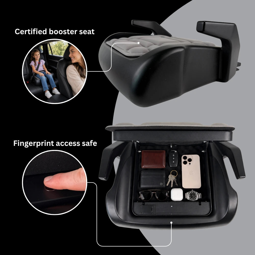 BoostedSafe Mini Elite shown as a certified booster seat and open hidden safe with fingerprint access