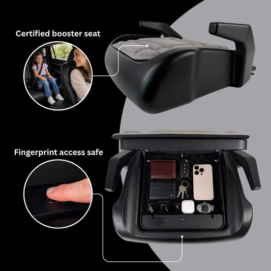 BoostedSafe Mini Elite shown as a certified booster seat and open hidden safe with fingerprint access