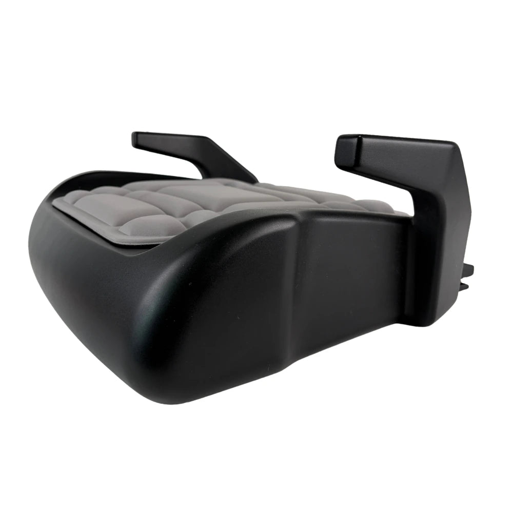 Side view of the BoostedSafe Mini Elite backless booster seat with cushioned top and supportive armrests