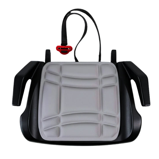 Top view of the BoostedSafe Mini Elite showing the padded cushion, armrests, and shoulder-belt positioning guide