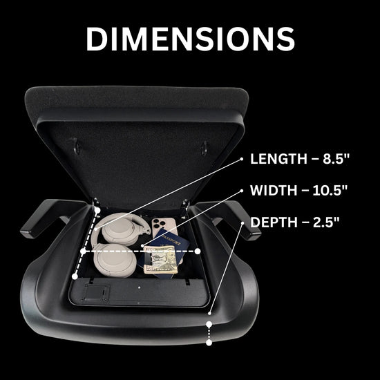 Open BoostedSafe Mini Elite showing an interior storage area 8.5 inches long, 10.5 inches wide, and 2.5 inches deep