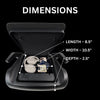 Open BoostedSafe Mini Elite showing an interior storage area 8.5 inches long, 10.5 inches wide, and 2.5 inches deep