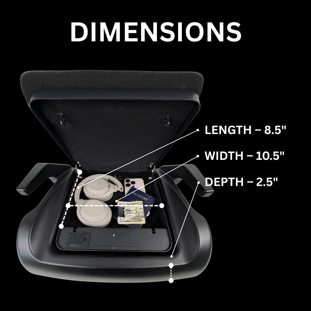 Open BoostedSafe Mini Elite showing an interior storage area 8.5 inches long, 10.5 inches wide, and 2.5 inches deep