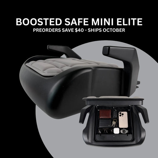 BoostedSafe Mini Elite booster seat and open hidden vehicle safe with $40 preorder savings and October 2026 shipping