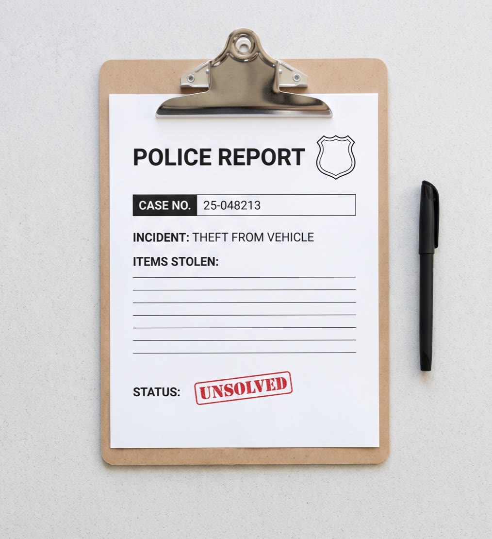 1 in 20 Fewer than 1 in 20 reported car break-ins is ever solved. Nobody is coming with your laptop.