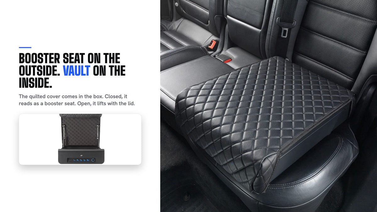Boosted Safe Elite under its quilted cover on a back seat, looking like a booster seat