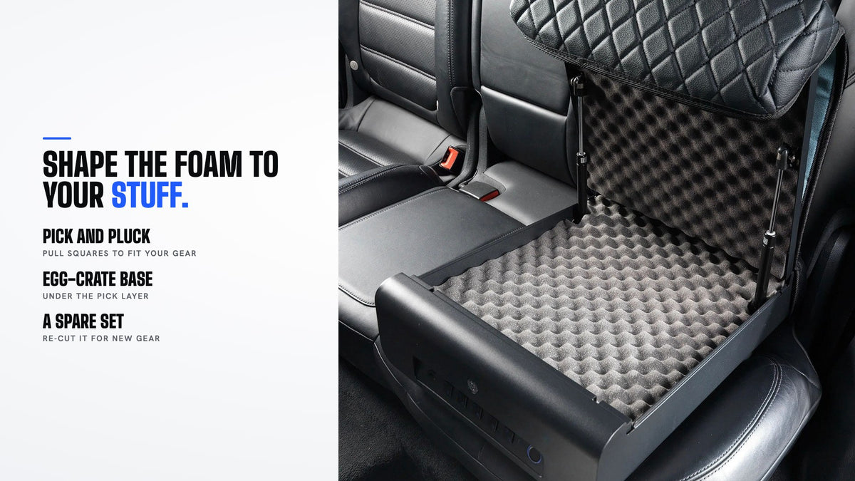 Pick-and-pluck foam insert inside an open Boosted Safe in a car