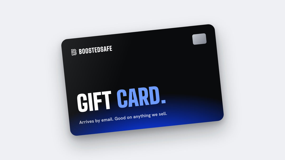 Boosted Safe gift card in black with a blue glow, delivered by email