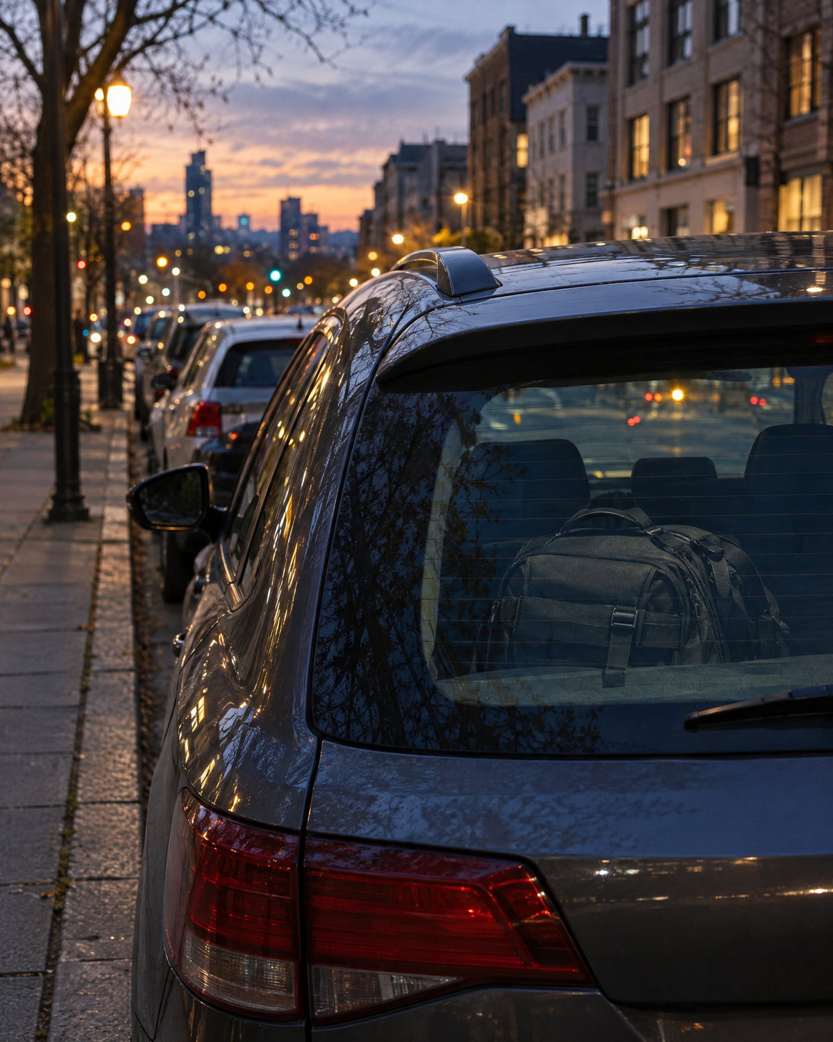 Backpack visible through the rear window of a car parked on a city street at dusk