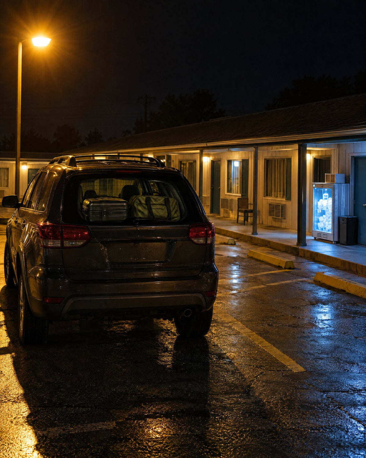 SUV with luggage piled in the back parked outside a motel at night