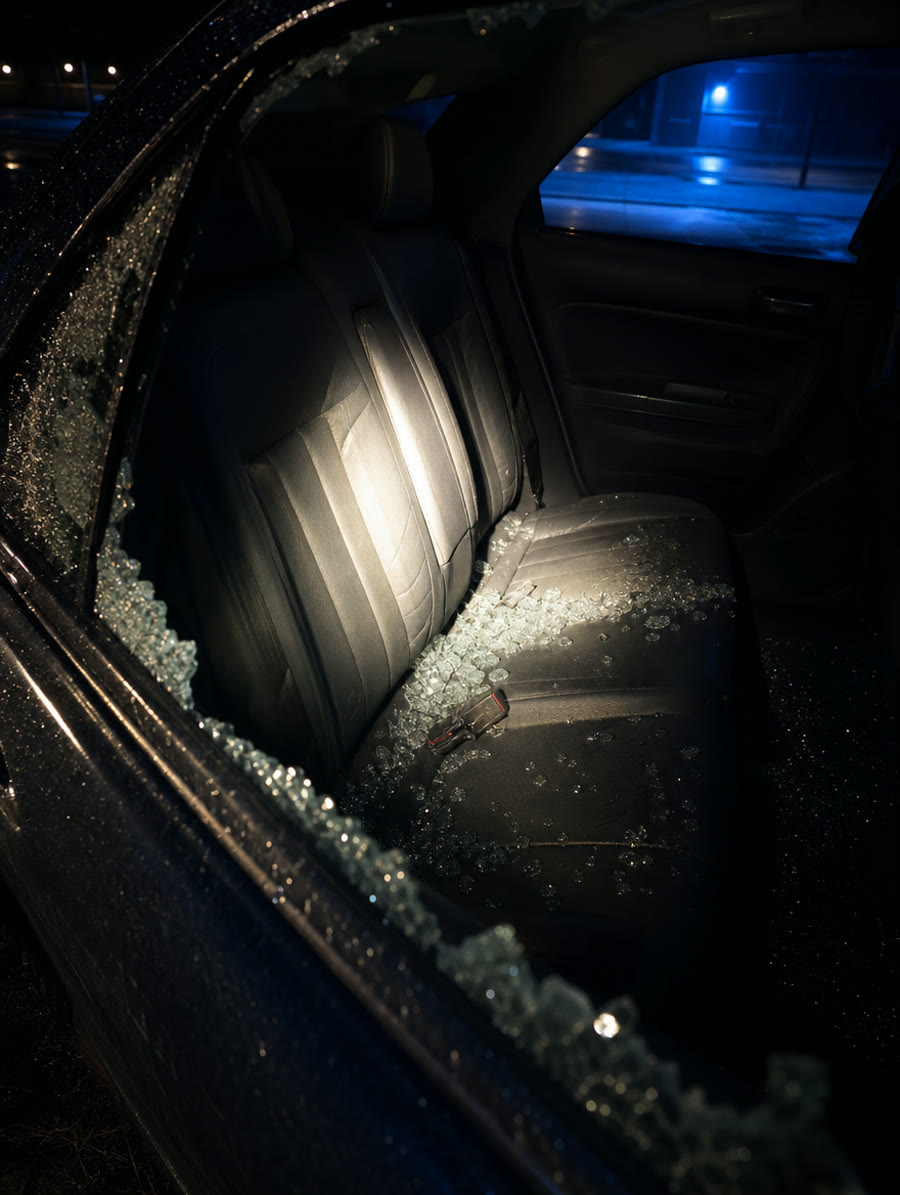 Glass on the seat. The bag you hid under the towel is gone.