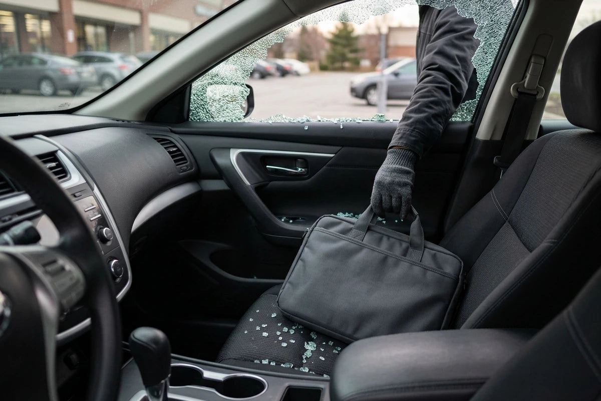 Hand reaching through shattered car window