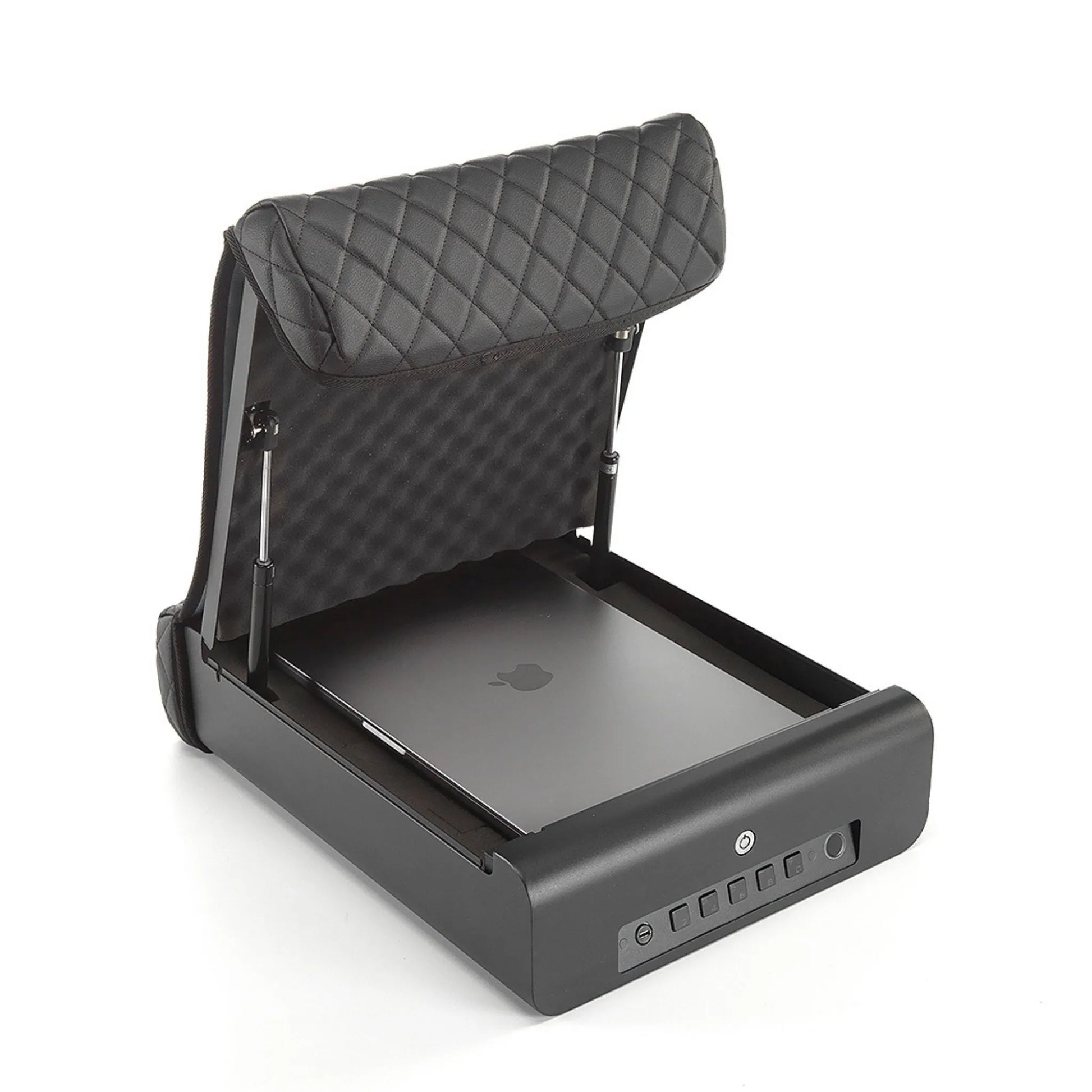 BoostedSafe Elite open with a laptop stored inside the secure rear seat storage compartment.