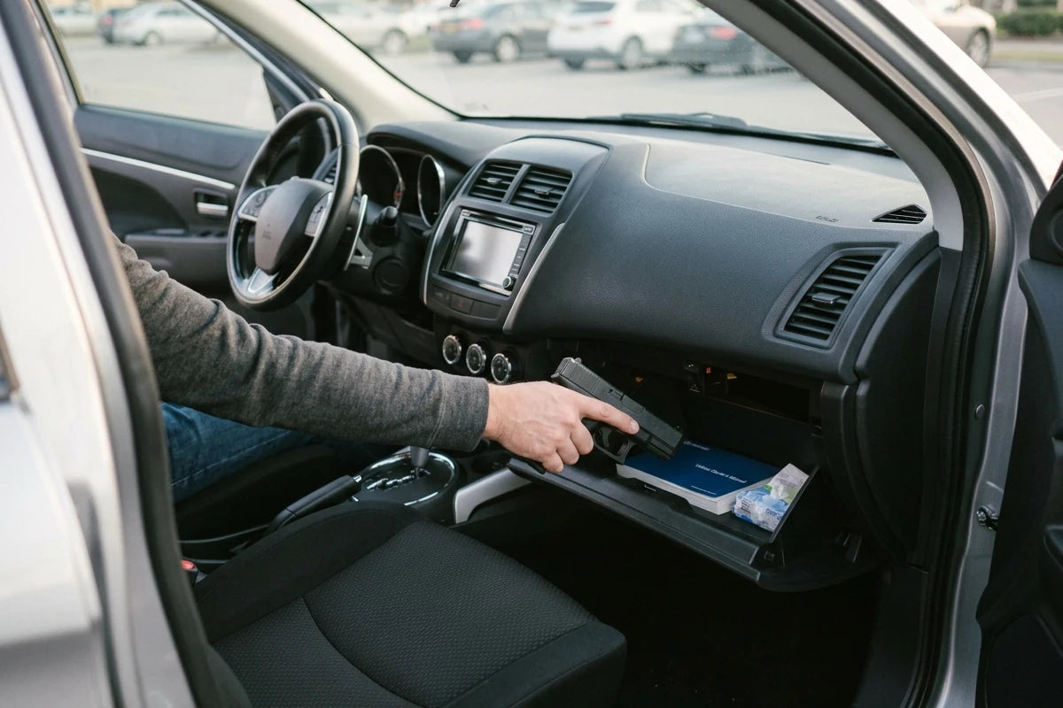 Person placing a handgun in a car's open glove compartment