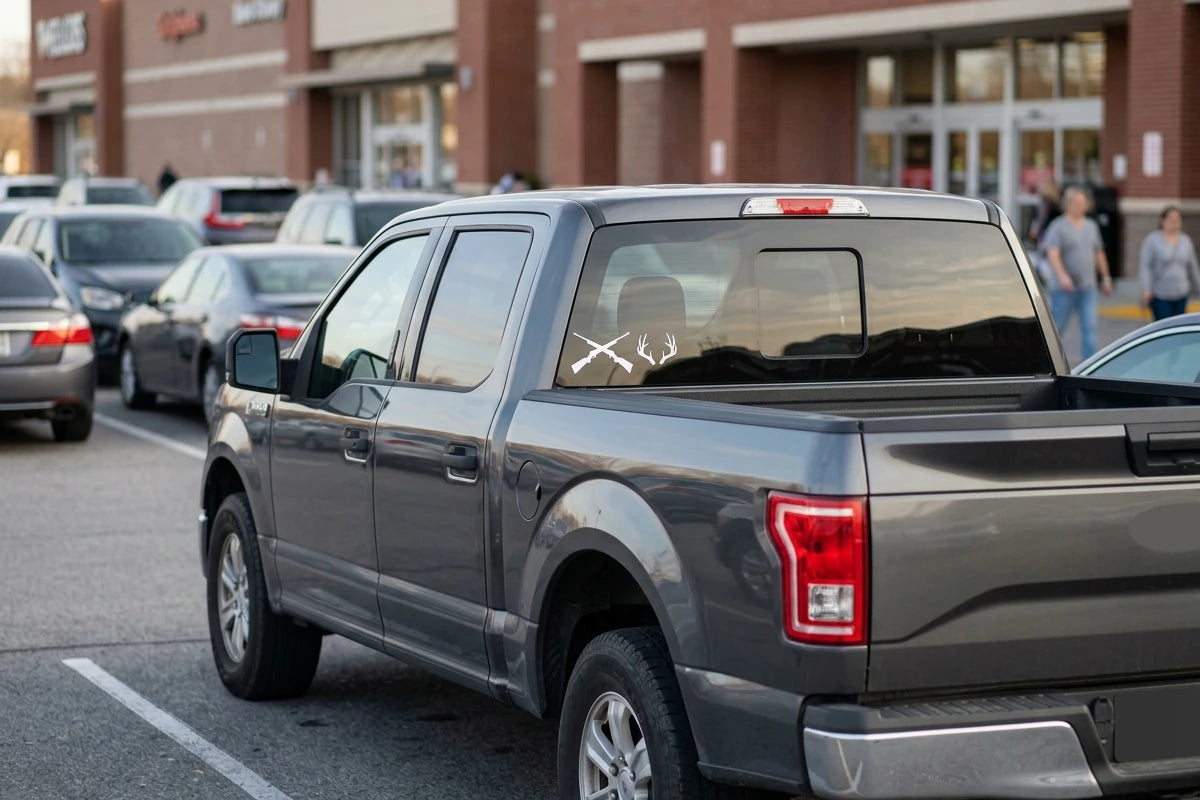 Gray pickup with hunting decals on the rear window parked outside a store