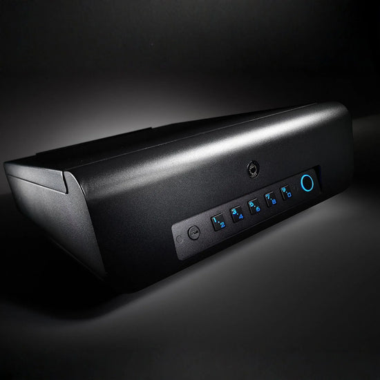 Hero image of the refurbished Boosted Safe Elite showing illuminated biometric keypad and fingerprint lock.