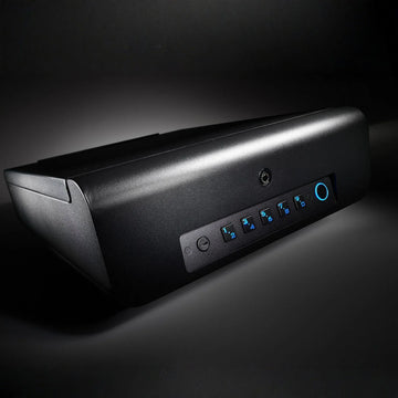 Hero image of the refurbished Boosted Safe Elite showing illuminated biometric keypad and fingerprint lock.