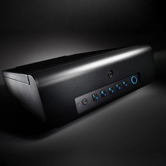 Hero image of the refurbished BoostedSafe Elite showing illuminated biometric keypad and fingerprint lock.