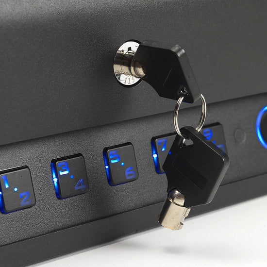 Close-up of the refurbished BoostedSafe Elite showing physical key access beside the illuminated biometric keypad controls.