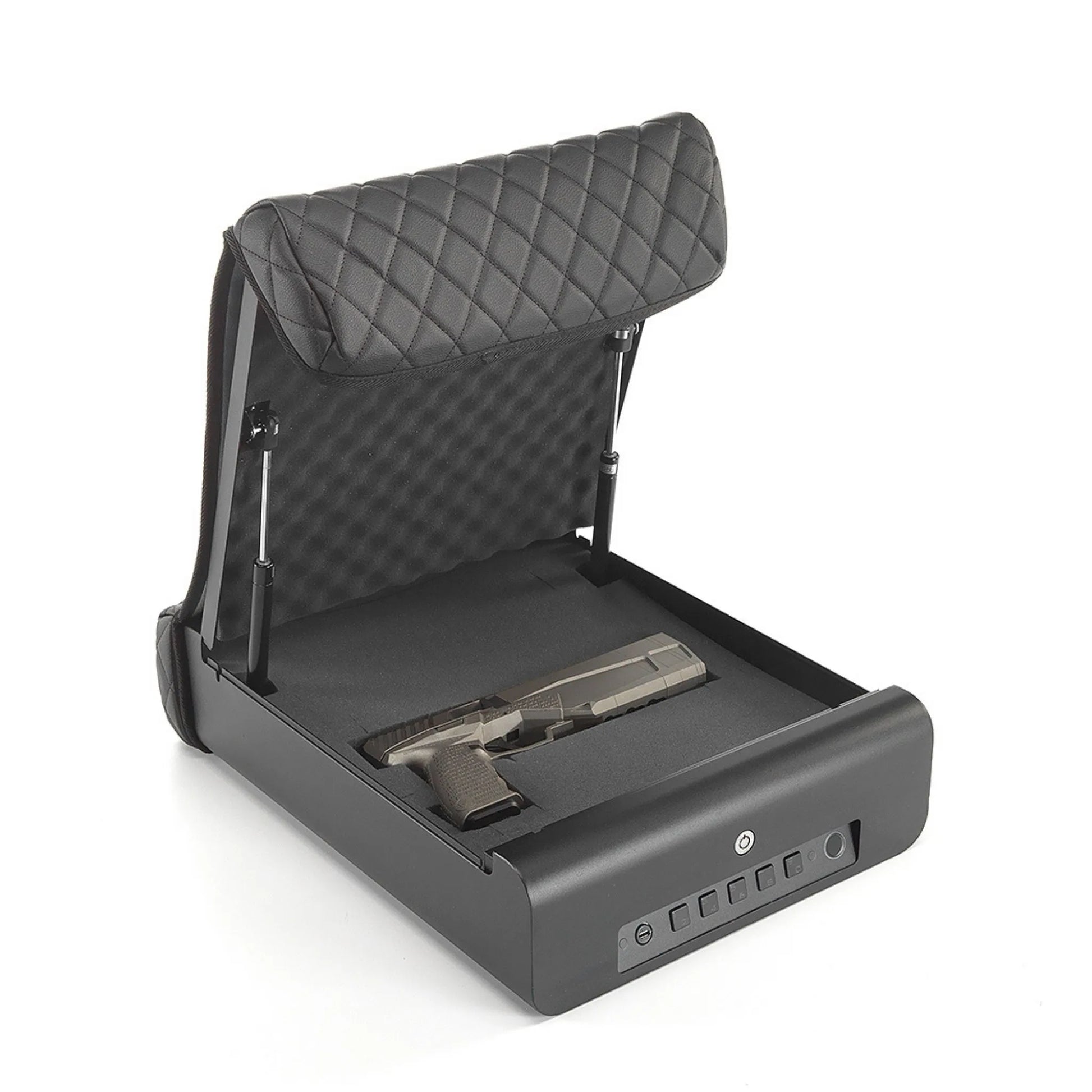 BoostedSafe Elite open with a handgun secured inside the custom-cut foam insert storage compartment.