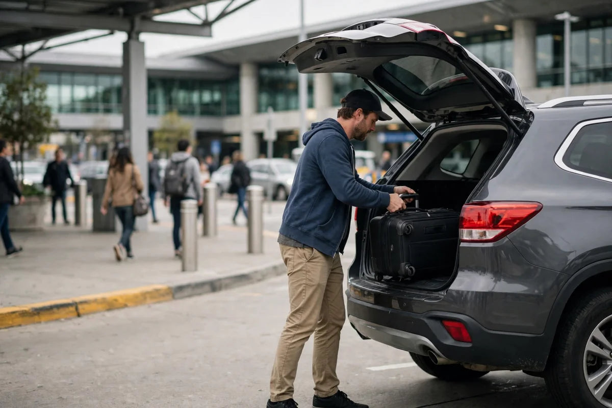 Man loading a suitcase into an SUV at an airport pickup curb
