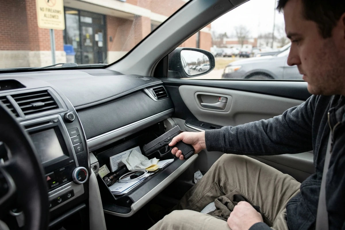 Man putting a pistol in his car's glove box in front of a No Firearms Allowed sign