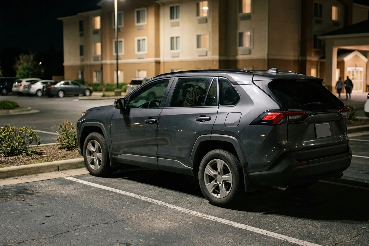 Gray SUV parked outside a hotel at night